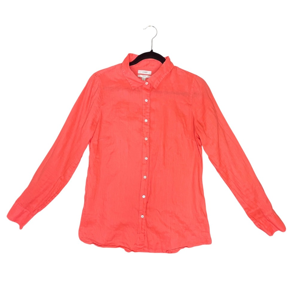 J Crew Perfect Shirt Women 8 Coral Pink Linen Long Sleeve Button Coastal Preppy